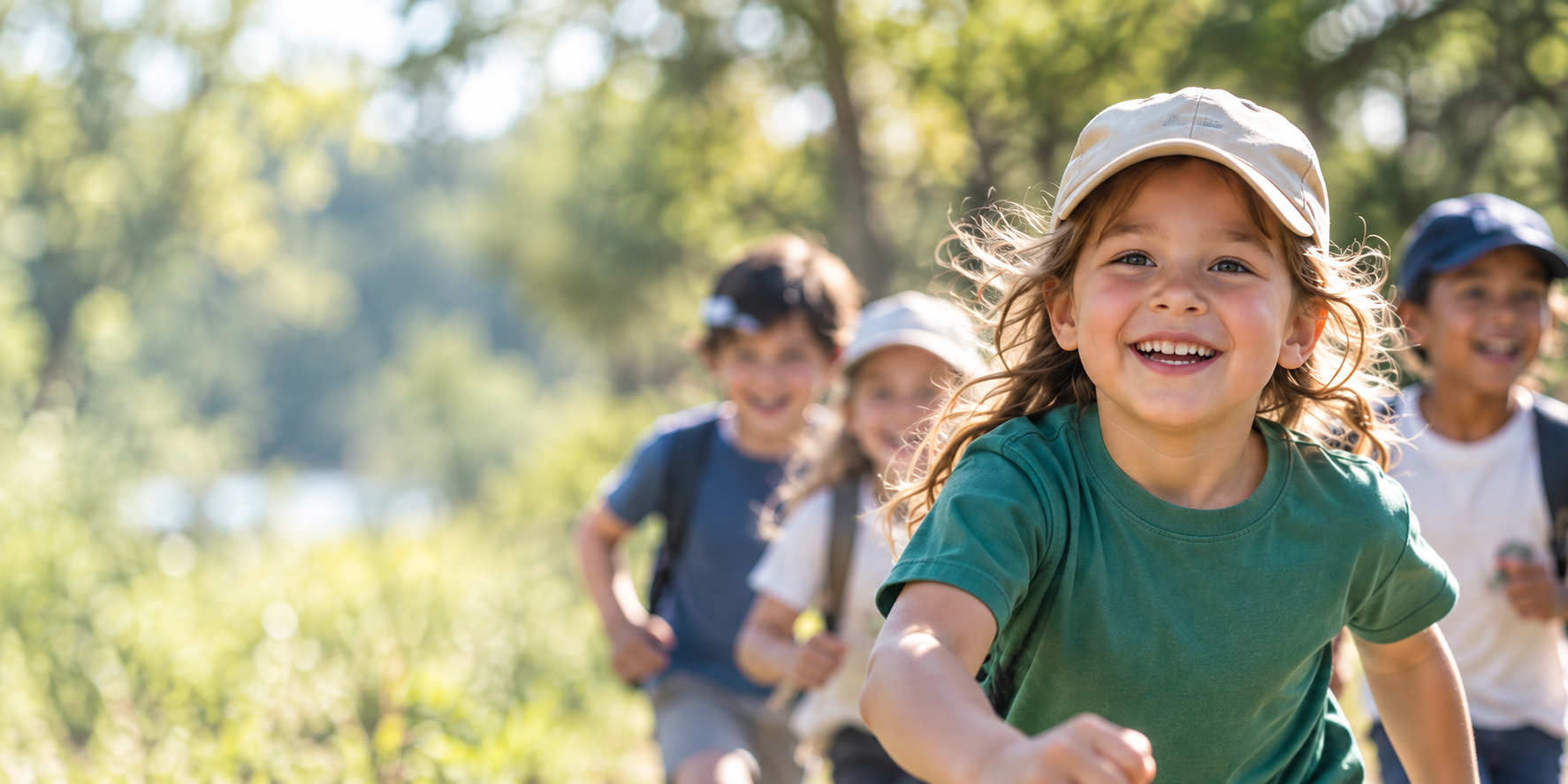Children running and playing outdoors at camp