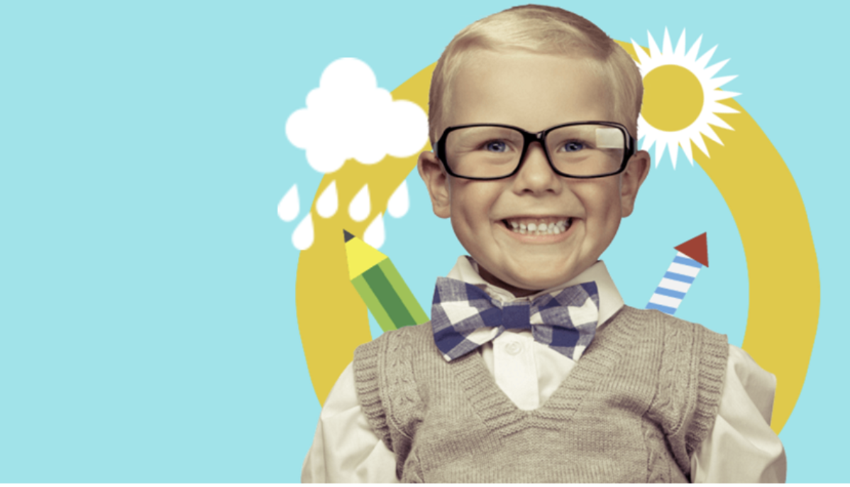 A smiling young child surrounded by playful weather and school illustrations