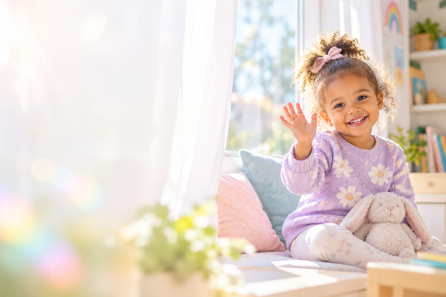 Happy child waving from a cozy sunlit classroom