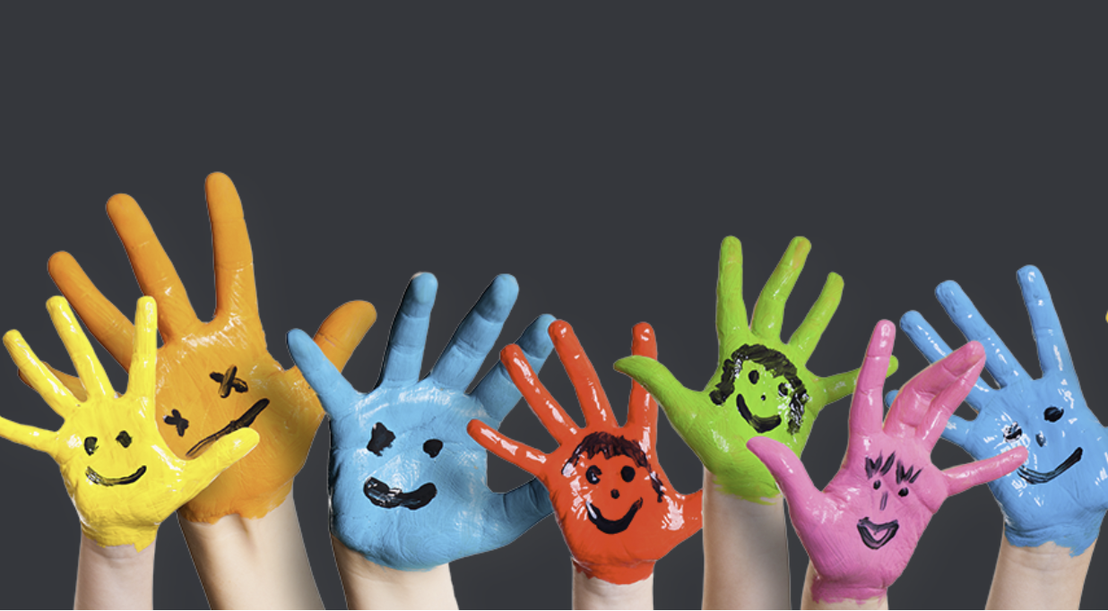 Colourful painted hands with smiling faces