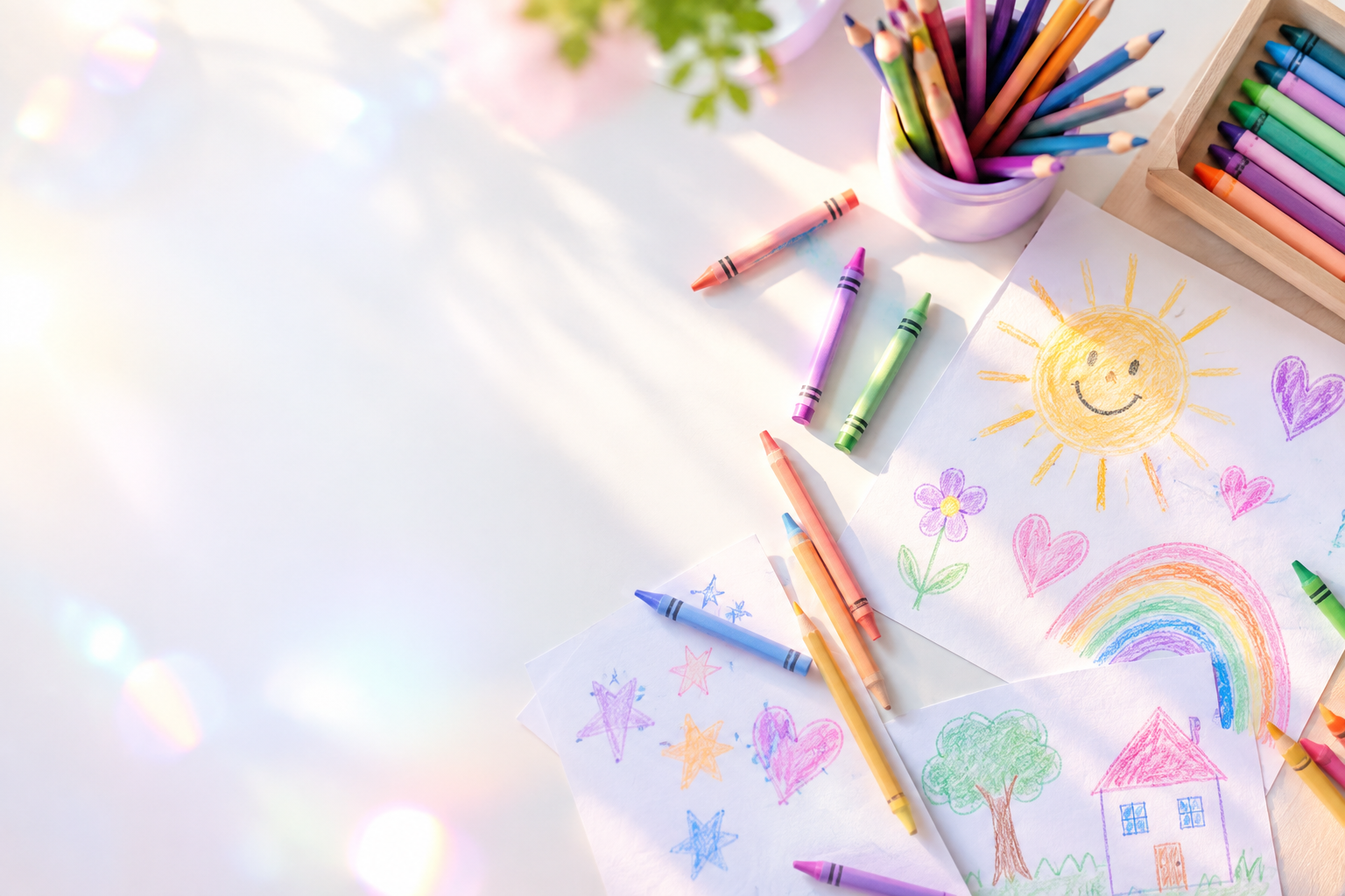 Children's colourful crayon drawings and art supplies on a table
